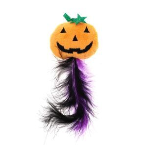 Grinning Pumpkin Cat Teaser Toys with Feather Orange Purple